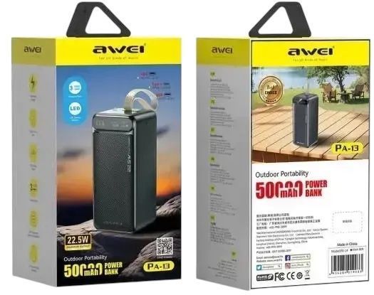 Портативный павербанк AWEI PA-13 50000mAh с быстрой зарядкой 22.5W и дисплеем Power bank 22213-13 фото