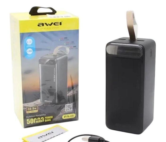 Портативный павербанк AWEI PA-13 50000mAh с быстрой зарядкой 22.5W и дисплеем Power bank 22213-13 фото