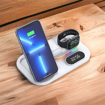 Зарядка Qi 4in1 wireless charger RGB /Clock JYD-WC124 | 30W Total, Phone/Watch/Earphones 100-c124 фото