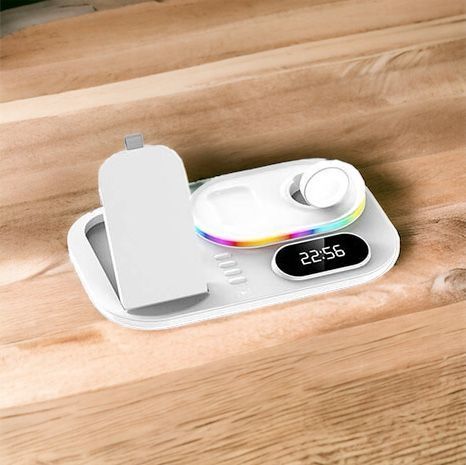 Зарядка Qi 4in1 wireless charger RGB /Clock JYD-WC124 | 30W Total, Phone/Watch/Earphones 100-c124 фото