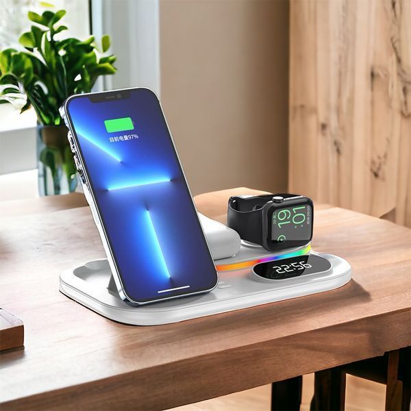 Зарядка Qi 4in1 wireless charger RGB /Clock JYD-WC124 | 30W Total, Phone/Watch/Earphones 100-c124 фото