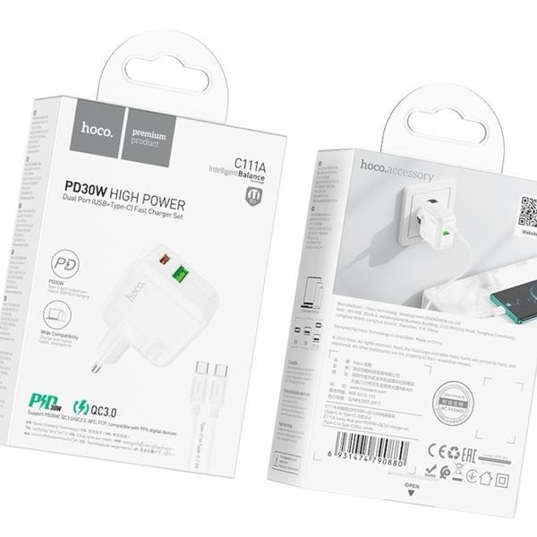 Адаптер мережевий HOCO 30w Type-C to Type-C Cable Lucky dual-port charger set C111A |1USB/1Type-C, 30W/3A, PD/QC| 2221-111 фото