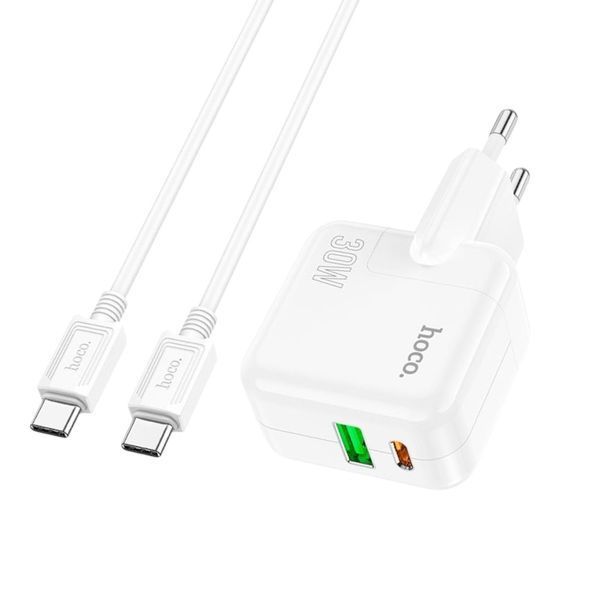Адаптер мережевий HOCO 30w Type-C to Type-C Cable Lucky dual-port charger set C111A |1USB/1Type-C, 30W/3A, PD/QC| 2221-111 фото