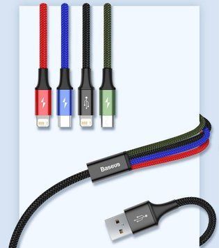 Кабель 4 в 1 -1.2м с быстрой зарядкой Lightning (iPhone), USB Type C, Micro USB 33-120-4в1 фото