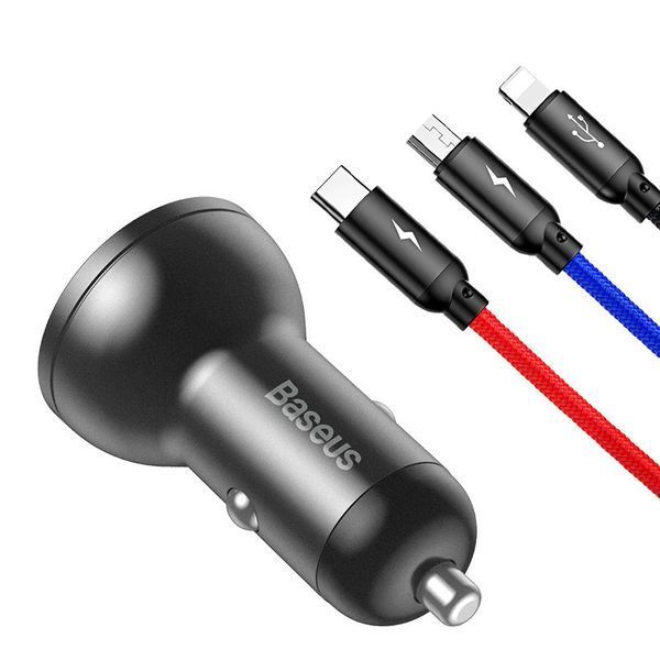 Адаптер автомобільний BASEUS Digital Display Dual 2 USB, Lightning/Micro/Type-C cable, 4.8A, 24W 100-024W фото
