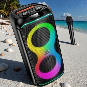 Портативная акустическая система караоке колонка&nbsp;HOCO Sound outdoor RGB BT speaker with single microphone DS73 | BT5.0, FM/USB/AUX/TF, 40W 22273-73 фото