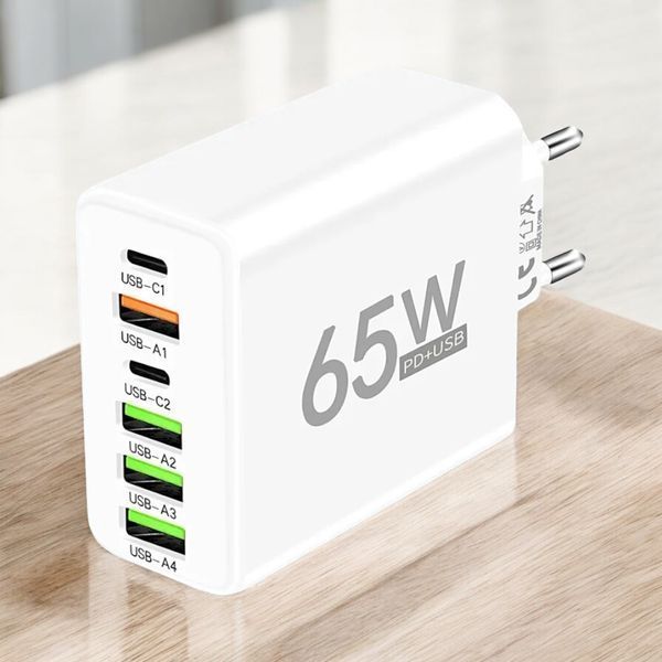Зарядний пристрій живлення Блок живлення 65W 4 USB + 2 Type-C Швидка зарядка 2200-1766 фото