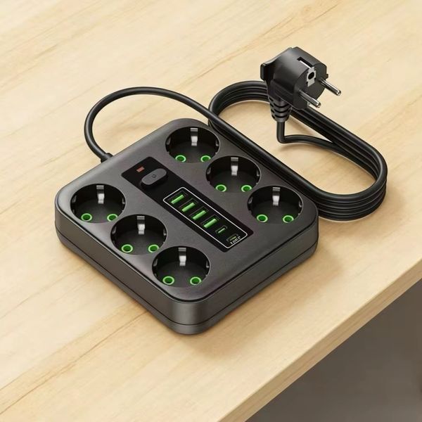 Подовжувач мережевий 5 м на 6 розеток + 4 USB + 2 Type-C, 3000W &nbsp;Чорний 222325-5 фото