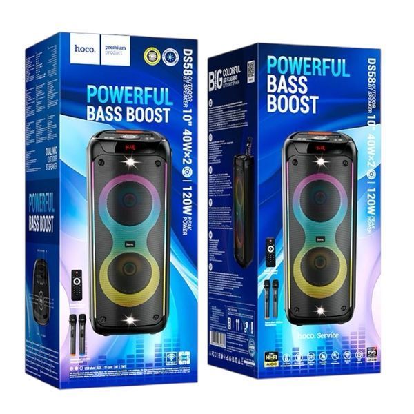 Акустична система караоке колонка HOCO Heritage dual 10-inch RGB light BT speaker DS58 |BT5.0, TWS, TF/USB/AUX, 40Wx2 (120W Max) 222258-58 фото