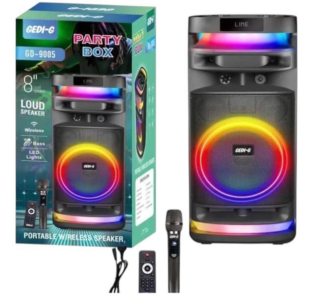 Акустична переносна Bluetooth караоке колонка GD-9005 з радіомікрофоном 8" 50 Вт FM, USB, AUX, RGB 2226-9005 фото